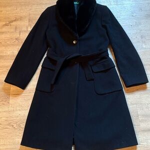 Y2K Benetton Italian-made Black Wool Coat w Lux Collar Belted Trench